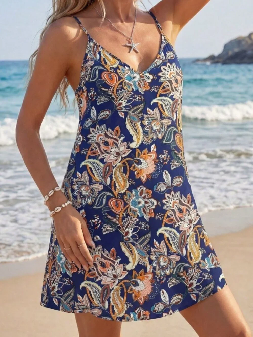 Blue Boho Bohemian Women's Printed V-Neck Backless Dress
